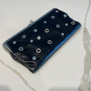 Hobo black leather clutch wallet with rhinestone details